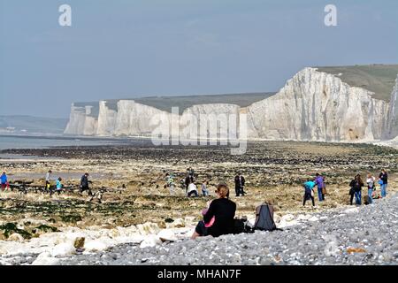 The Seven Sisters chalk cliffs on a sunny spring day at Birling Gap in the South Downs National Park East Sussex England UK Stock Photo