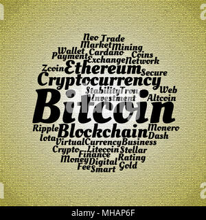 Bitcoin wordcloud concept on mosaic dark background Stock Photo