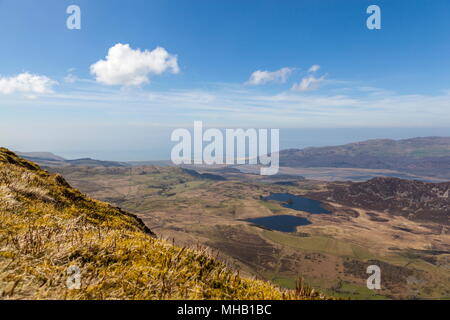 Looking over Llynnau Gregennen towards the Mawddach estuary from the summit of tyrrau Mawr on the Cadair Idris massif Stock Photo