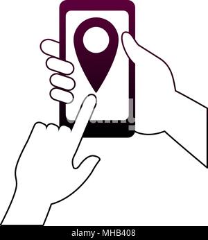 GPS tracking from smartphone on purple lines Stock Vector