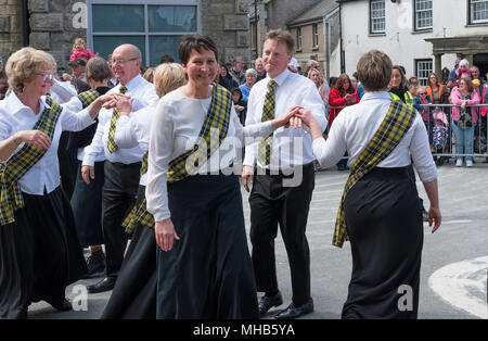 traditional cornish dancing in the streets during the annual trevithick day celebrations in camborne, cornwall, england, britain, uk, Stock Photo
