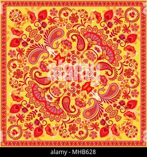 Vector ornament paisley bandana print, silk neck scarf or kerchief square pattern design style for print on fabric. Bandana paisley style Stock Vector