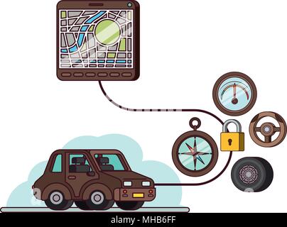 isomatric car and tablet with gps app Stock Vector