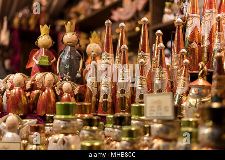 Wooden Christmas decorations and toys, for sale on a Christmas market stall Stock Photo