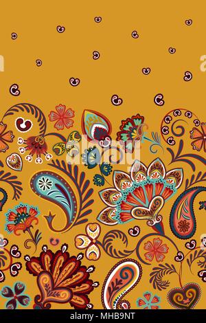 Border Indian floral Paisley patten. Seamless ornament print. Ethnic Mandala towel. Vector Henna style. Orange Stock Vector