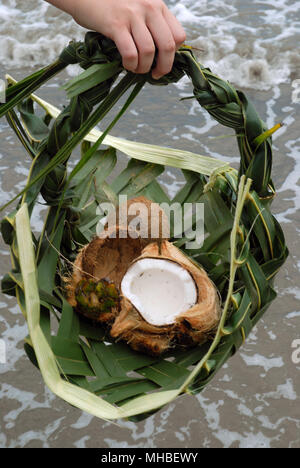 Woven Basket made from coconut palm leaves, Pacific Harbour, Fiji. Stock Photo