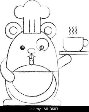 cute kawaii chef mouse with coffee cup cartoon vector illustration sketch Stock Vector