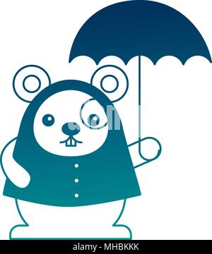 cute kawaii mouse cartoon wearing coat with umbrella vector illustration Stock Vector