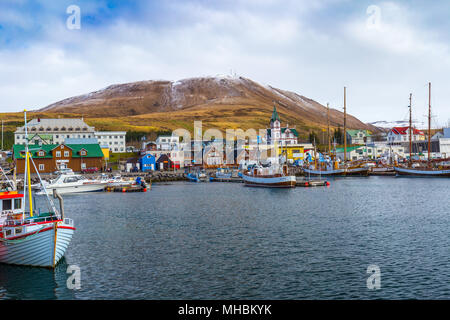 Harbour of Husavik, fishing village and whale tour center in Northern Iceland Stock Photo