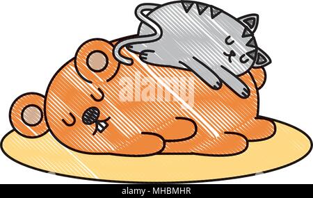 cute hamster and cat sleeping kawaii character vector illustration design Stock Vector