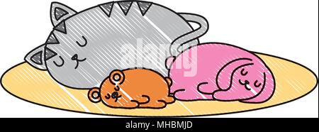 cute hamster with rabbit and cat sleeping kawaii character vector illustration design Stock Vector