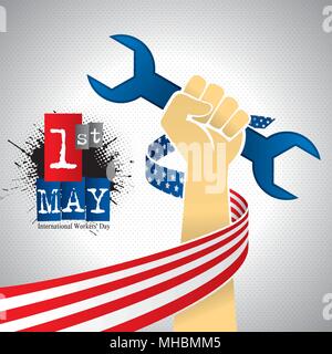 International Worker's Day greeting card. ribbon with the USA flag around an arm holding a spanner. Vector image Stock Vector