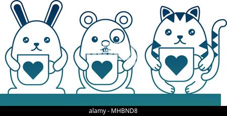 cute kawaii rabbit cat and mouse with coffee cups vector illustration degraded color Stock Vector