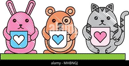 cute kawaii rabbit cat and mouse with coffee cups vector illustration Stock Vector