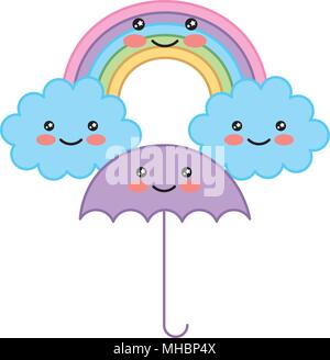 kawaii cartoon rainbow umbrella clouds dots background vector ...