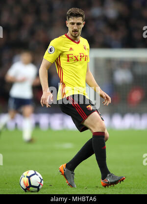 Watford's Craig Cathcart during the Premier League match at Wembley Stadium. London. PRESS ASSOCIATION Photo. Picture date: Monday April 30, 2018. See PA story SOCCER Tottenham. Photo credit should read: Nick Potts/PA Wire. RESTRICTIONS:  EDITORIAL USE ONLY No use with unauthorised audio, video, data, fixture lists, club/league logos or 'live' services. Online in-match use limited to 75 images, no video emulation. No use in betting, games or single club/league/player publications. Stock Photo