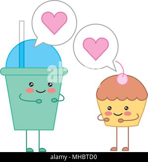 kawaii soda cup and cake talking cartoon vector illustration Stock Vector