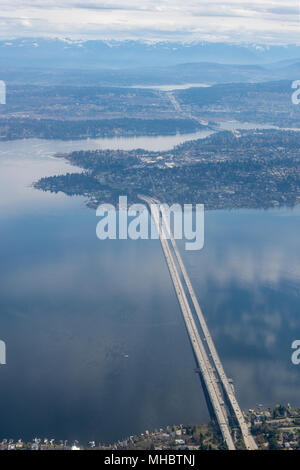 Aerial view of the Lacey V. Murrow Memorial Floating Bridge over Lake Washington in Seattle, Washington. Stock Photo