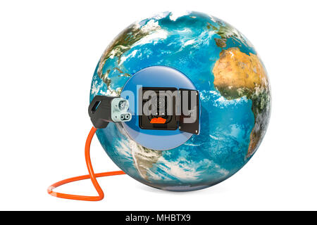 Electric car charging plug and station socket outlet in the Earth Globe, 3D rendering Stock Photo