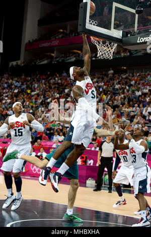 LeBron James in action during the United States quarterfinal Men's Basketball game against Australia at the London Olympics in 2012 Stock Photo