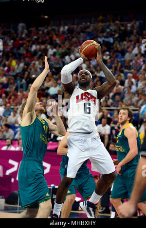 LeBron James in action during the United States quarterfinal Men's Basketball game against Australia at the London Olympics in 2012 Stock Photo