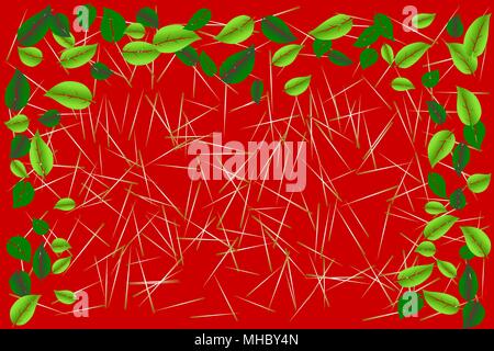 Green leaves border frame over tiny wood sticks textured on red colored background. Vector illustration, EPS 10. Stock Vector