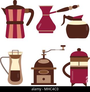 Drip coffee brewing methods icons. Coffee makers and devices, such as mill, retro grinder, turkish pot, cezve, coffeemaker for home, cafe or restauran Stock Vector