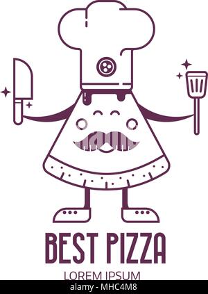 Bakery or pizzeria logo template with smiling chief-cooker pizza man in chef hat with mustache. Italian pizza restaurant logo with mascot. Cooking and Stock Vector