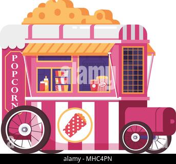 Retro vending popcorn cart in flat design. City street food trolley for pop corn selling. Summer kitchen auto kiosk isolated on white. Bike cafe or fo Stock Vector