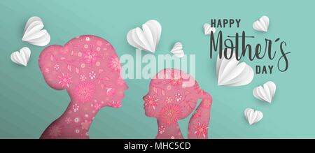 Happy Mothers day holiday illustration. Pink paper cut mom and girl silhouette cutout with spring doodles. Horizontal format design ideal for web bann Stock Vector