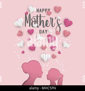 Happy Mothers day holiday greeting card illustration. Pink paper cut mom and little girl silhouette cutout with 3d heart shape papercraft. EPS10 vecto Stock Vector