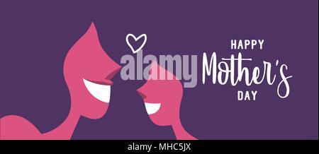 Happy Mothers Day illustration in pink color, mom smiling with little daughter. Horizontal card format for web banner or header. EPS10 vector. Stock Vector