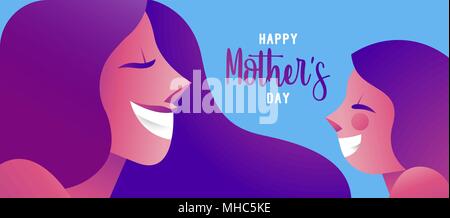Happy Mothers Day illustration, beautiful mom face smiling with little daughter. Horizontal card format for web banner or header. EPS10 vector. Stock Vector
