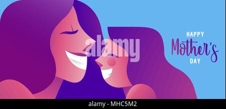 Happy Mothers Day illustration, beautiful mom face smiling with little daughter. Horizontal card format for web banner or header. EPS10 vector. Stock Vector