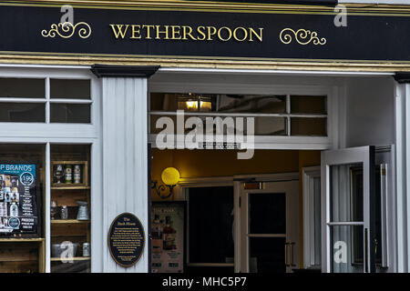 Wetherspoon logo on the exterior of The Bank House pub and restaurant in Cheltenham town centre. Stock Photo