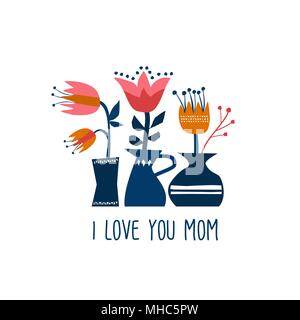 Happy mothers day greeting card illustration of cute spring flower plants in hand drawn style. EPS10 vector. Stock Vector