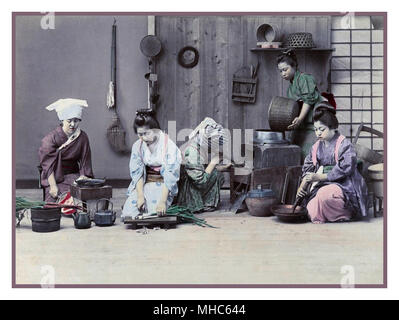 JAPAN Meiji period 1880-1890 female workers in a kitchen prepare for dinner. Colour lithography Photochrom image technique Circa 1880-1890. Meiji period (明治時代, Meiji-jidai), also known as the Meiji era, is a Japanese era which extended from October 23, 1868, to July 30, 1912. This period represents the first half of the Empire of Japan during which Japanese society moved from being an isolated feudal society to its modern form. Stock Photo