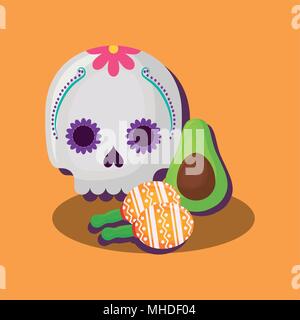 Sugar skull with avocado and maracas over orange background, colorful design. vector illustration Stock Vector