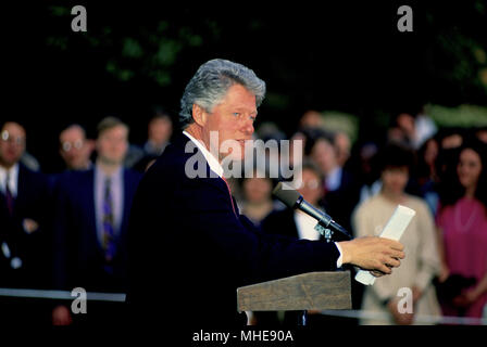 Washington DC. USA, 29th April, 1993 President William Clinton makes remarks at the reception for the President Health Care Task Force in the driveway of the South Lawn of the White House Credit:Mark Reinstein /MediaPunch Stock Photo