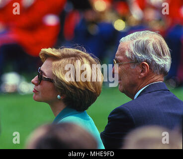 Washington, DC. USA, 10th August, 1993 Fiirst Lady Hillary Rodham Clointon and Secretary of the Tresuary Lloyde Bentsen watch as President Wiliam Jefferson Clinton signs the Budget Deficit Reduction Bill during a South Lawn event at the White House. Credit:Mark Reinstein /MediaPunch Stock Photo