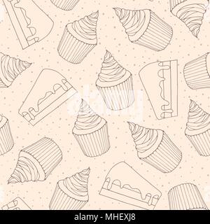 Hand drawn vector bakery seamless pattern with cake pieces and cupcakes covered with cream topping. Sweet  food contours on the dotted background. Stock Vector
