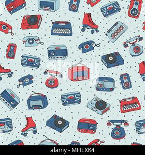 Vector retro seamless pattern with antique tech, radio, typewriter, roller skates and vinyl record player  on the dotted background. Hand drawn vintag Stock Vector
