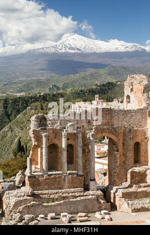 Ancient theatre of Taormina with Mt. Etna, Sicily. Stock Photo