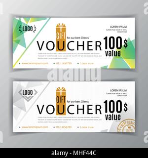 Vector gift voucher template. Universal flyer for business. Clean vector design, triangle grey green design elements. Clean design for pharmacies, medicine, cosmetics. Abstract background Stock Vector