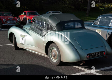 1947 Green Healy Westland Convertible Sports Car rear nearside passenger left hand side view of green 1947 healy westland right hand drive british vet Stock Photo