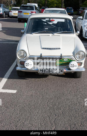1965 White Ford Cortina GT Mark 1 Rally Car front portrait view of white right hand drive four door british sport sports saloon car automobile vehicle Stock Photo