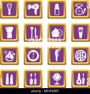 Cosmetics icons set vector purple square isolated on white background Stock Vector
