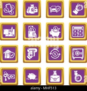 Credit icons set vector purple square isolated on white background Stock Vector