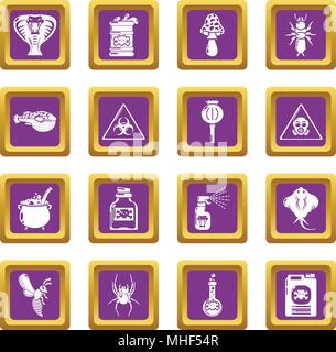 Poison danger toxic icons set vector purple square isolated on white background Stock Vector