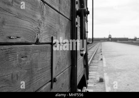 Eentrance to Auschwitz Birkenau Concentration Camp. In foreground is railway cattle car used to bring victims to the gas chambers. Monochrome photo. Stock Photo